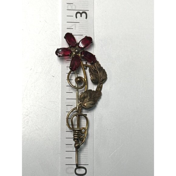 Vintage I Michelson Gold Filled Red Glass Flower Brooch Pin - Picture 3 of 6